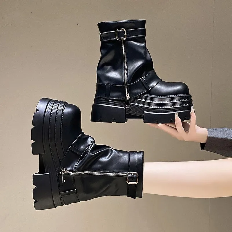 2026 New Winter Women Black Ruched Platform Ankle Boots Round Toe Metal Buckle Side Zipper Stacked Sole Goth Punk Fashion - view 4