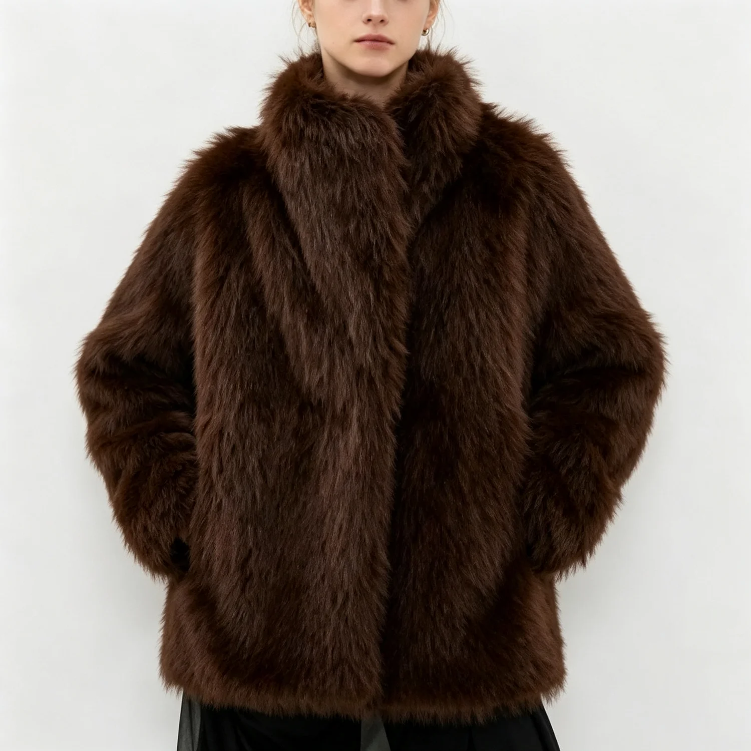 PUAL  Women High Collar Faux Fur Coat Loose Long Sleeve Thick Warm Mid‑Length Winter Fashion Outerwear