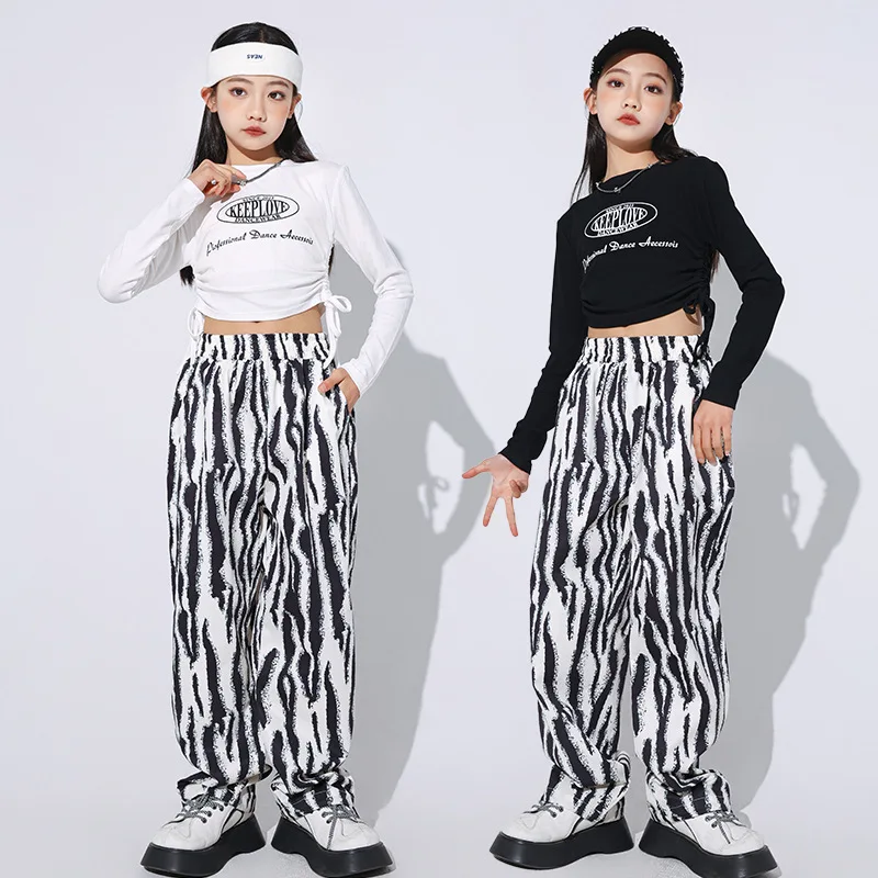 Children Street Dance Hip Hop Clothes Girls Jazz Dance Costume Long Sleeves Suit Teen Crop Tops Baggy Pants Performance Outfits