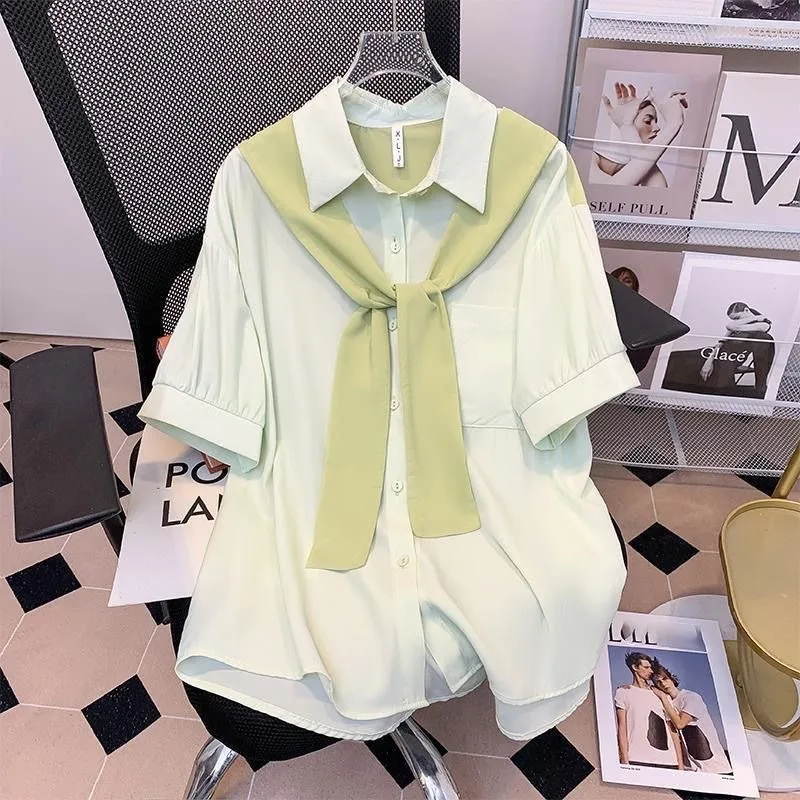 เสื้อเบลาส์แขนสั้นสองชิ้นสไตล์ผ้าคลุมไหล่หลวมและ Drapey สําหรับผู้หญิงเสื้อฤดูร้อนที่สดใหม่และเก๋ไก๋สําหรับการผูกชั้น