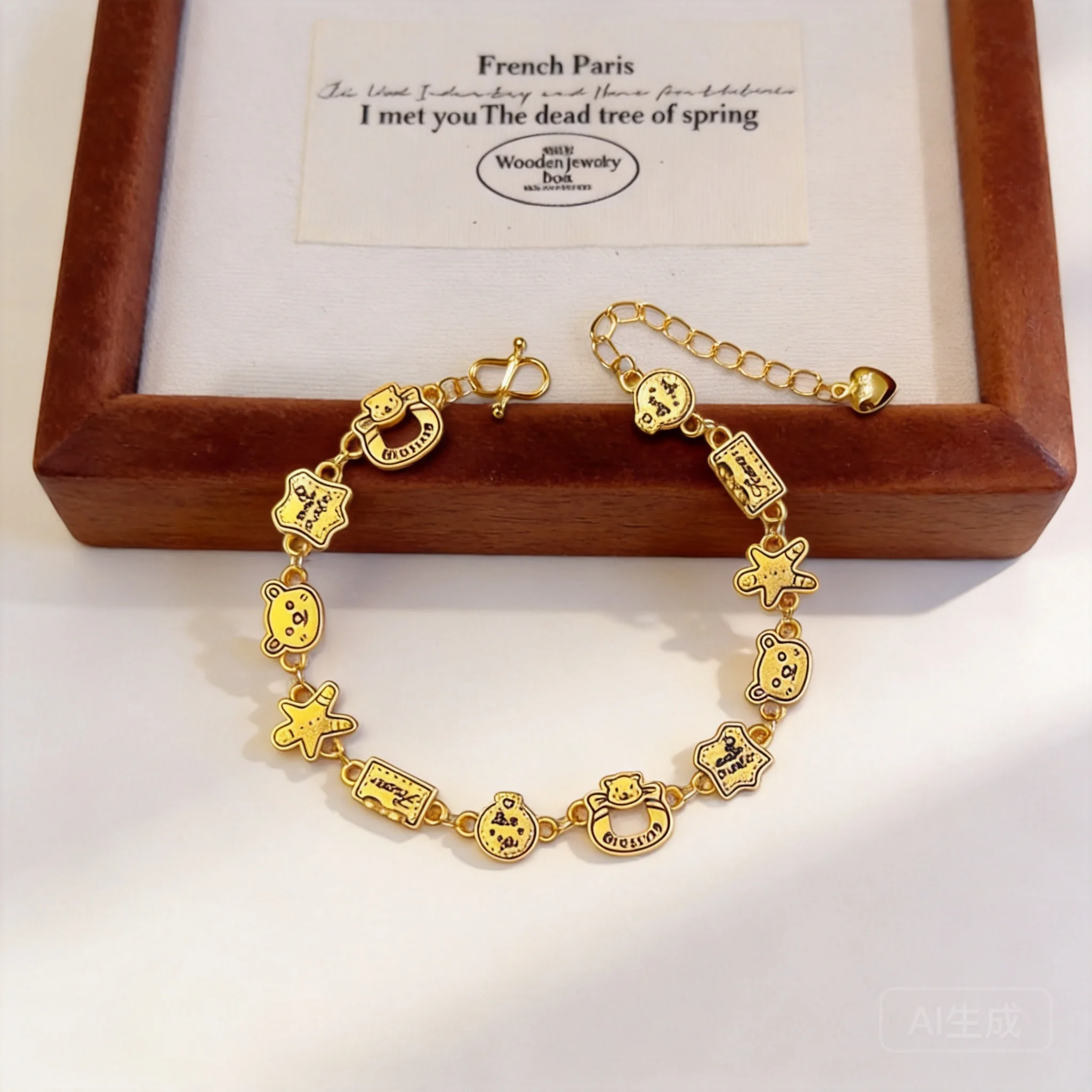 

Cute Lucky Golden Gingerbread Man Bear Cat Charm Bracelet Chinese Style Blessing Fortune Jewelry For Women Girls Ideal Gift For