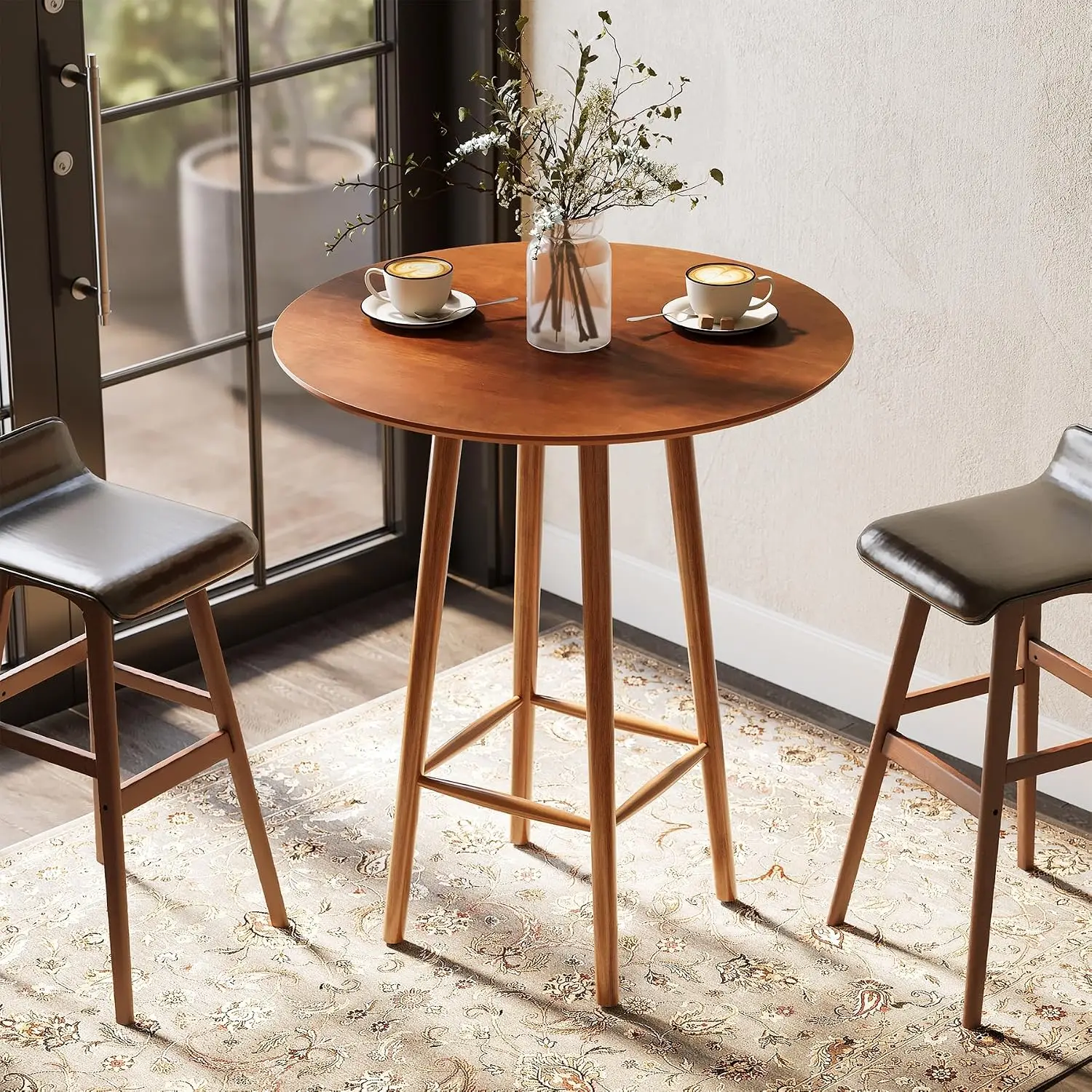 Solid Wood Bar Table, 39.37-Inch Round Bistro Table with Sturdy Frame, for Living Room, Dining Room, Small Space (Rustic Walnut)