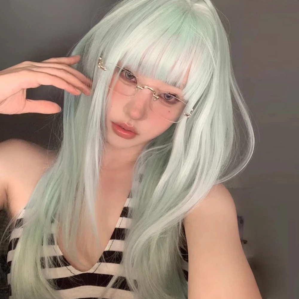 

Mint Green Long Straight Synthetic Wig with Bans Heat Resistant Lolita Cosplay Fluffy Women Wig for Daily Party