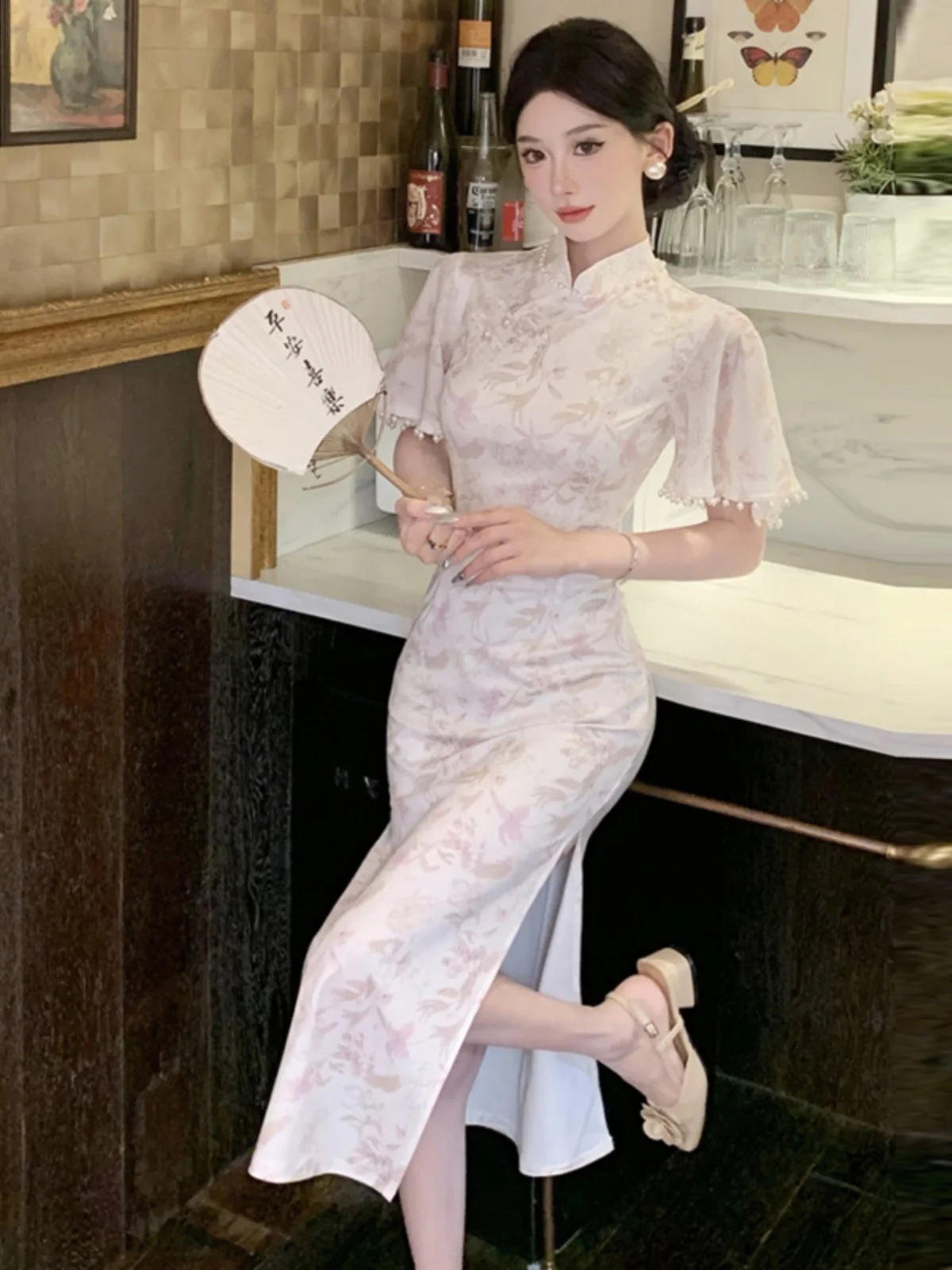 

Faionable Ele Print Long Qipao Dr with Bell Sves Stand Collar Slit ort Sve Polyester Fiber Wedding Dr