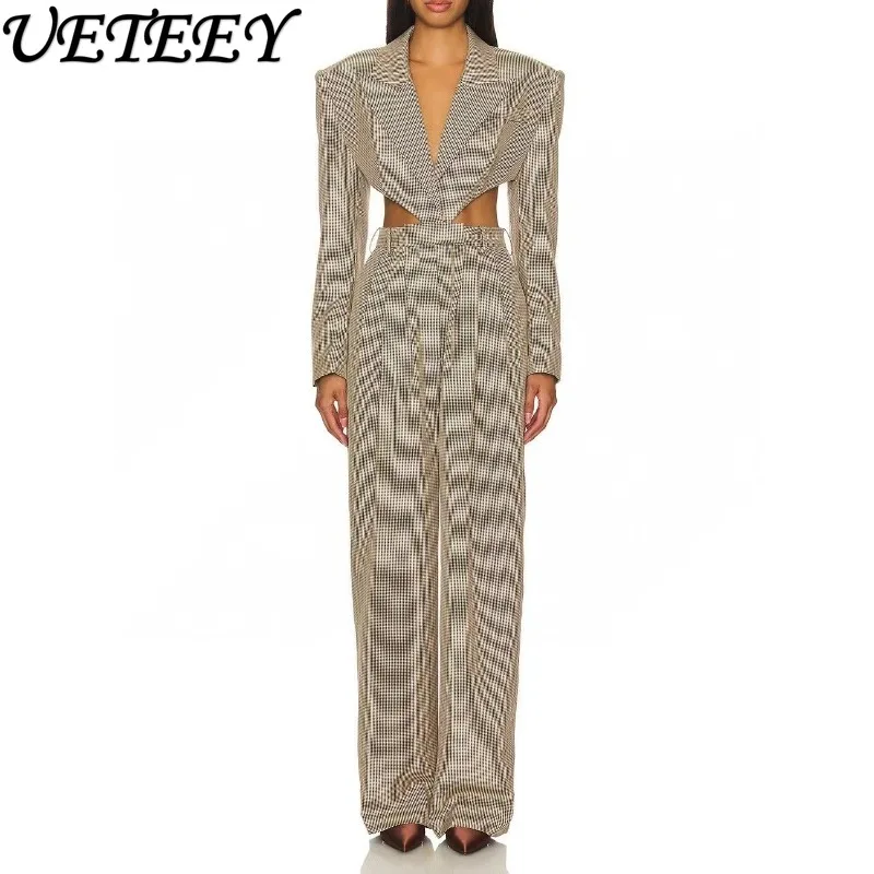 

High-Waisted Plaid Straight-Leg Pants Spring Summer Women's New European and American Style Waist-Exposing Jumpsuit for Women