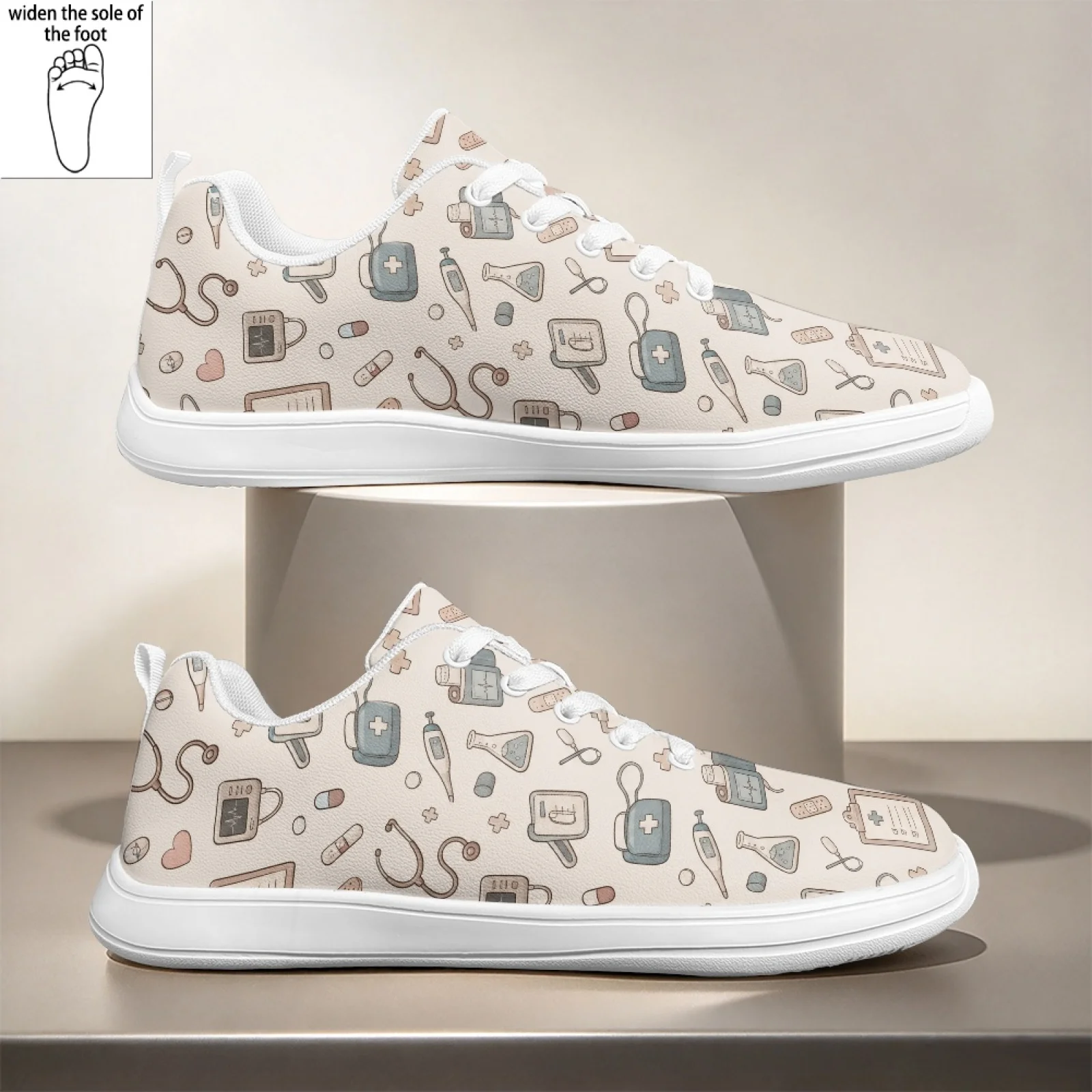 PENSTROLL Medical Tool Pattern Cushioned Wipeable Flat Bottom Round Toe Shoes Nursing Shoes for Women Standing Walking