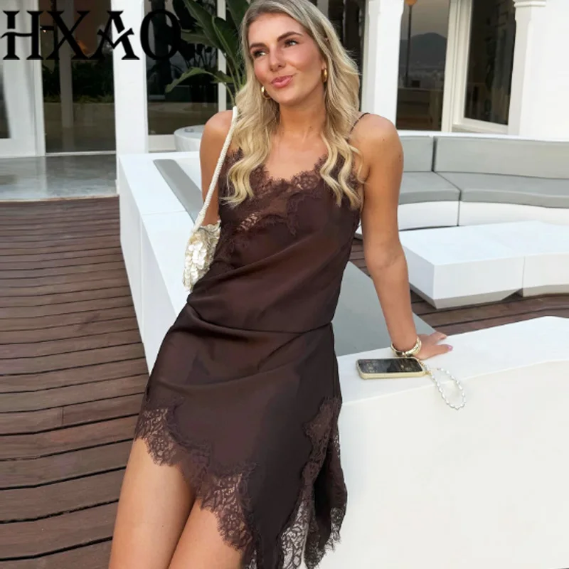 HXAO Female Lace Dress Sleeveless Slip Short Dresses Women Summer Asymmetric Elegant Night Dresses Backless Sexy Evening Dress