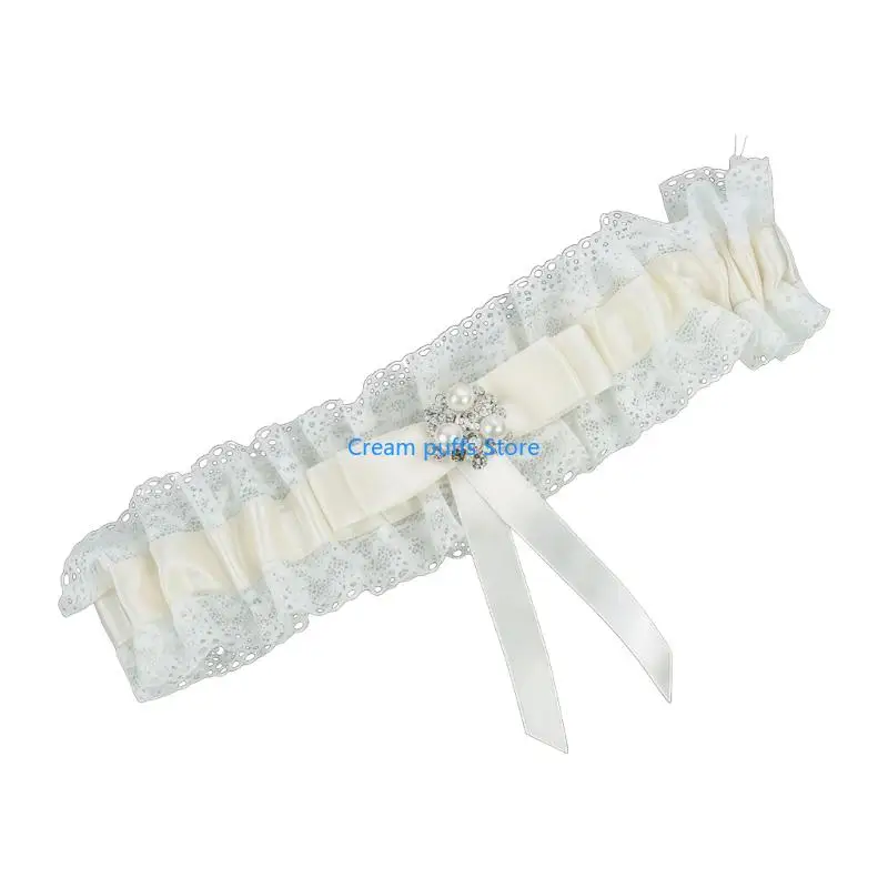 50LE Women's Delicate Ruffle Lace Bridal Garter With Crystal Pearls And Satins Ribbon Elastic Thigh Garter Belt For Weddings