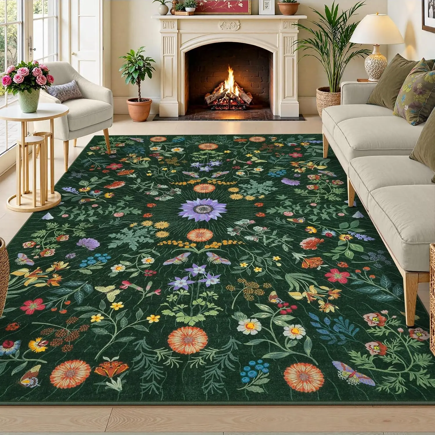 Sunflower Botanical Boho Floral Throw Carpet Non Slip for Under Table Living Room Bedroom Dining Office Decor Area Rug Floor Mat