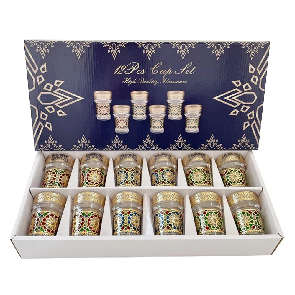 12-Piece Set, Light Luxury Style Moroccan Glass Cup, Türkiye Saudi Restaurant Tea Cup, Mosaic Paper Gilding Water Cup, Gift Cup