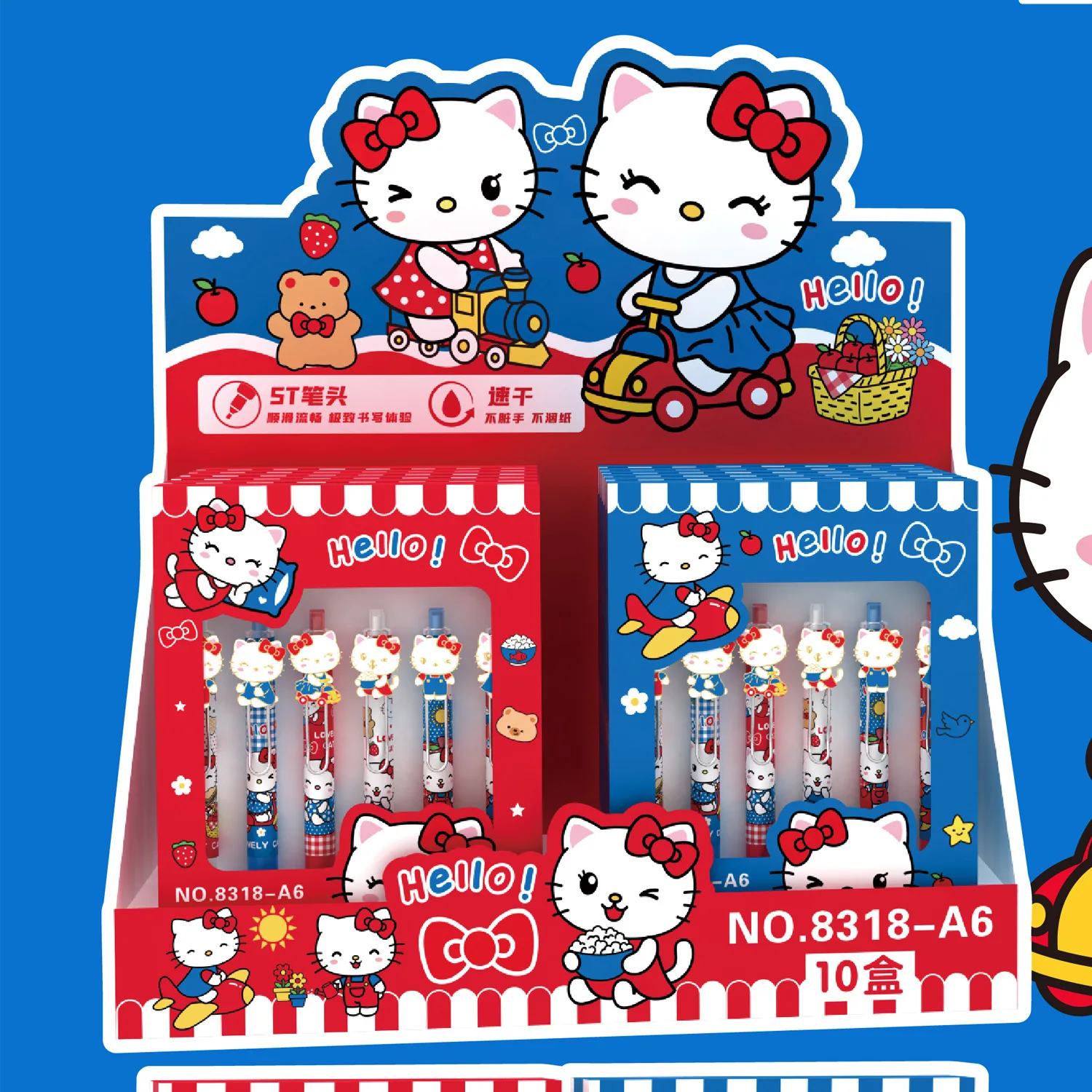 새로운 헬로 키티 박스형 패치 펜 만화 헬로 키티 6팩 메탈 펜 홀더 중성 펜 필기 펜