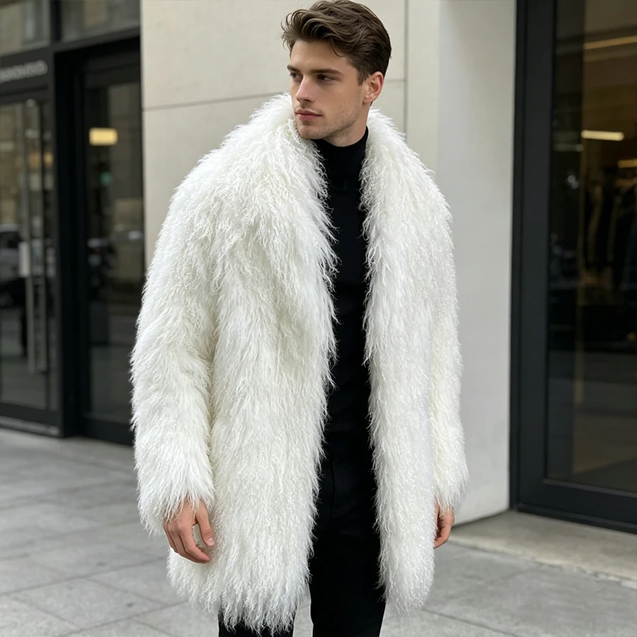 Real Lamb Fur Coat White Mongolian Fur Coat With Suit Collar Furry Jacket Men High Quality Luxury Fluffy Jacket
