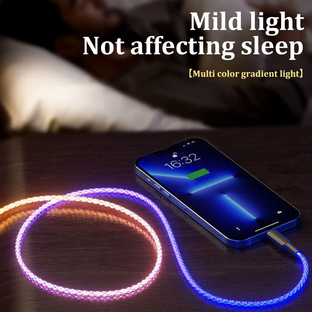 120W RGB Data Cable Fast Charging Luminous Gradient Data Cable Type-C Charger Cable for iPhone 15 Huawei Samsung OPPO VIVO