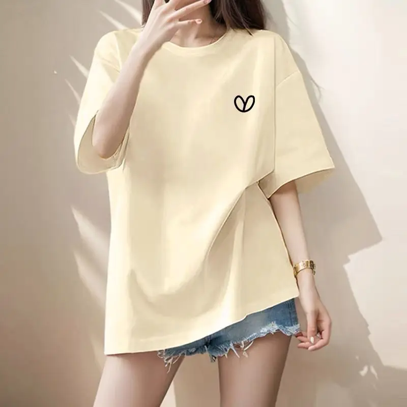 Women's Clothing Vintage All-match Pure Cotton Short Sleeve T-shirts Summer Casual Loose Chic Little Love Top Tee Lady Pullovers