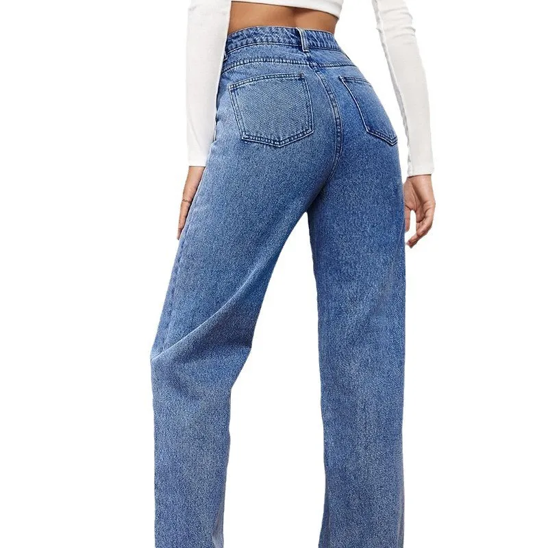 Proste jeansy damskie z wysokim stanem 2025 Nowe kieszenie na nogawce Podstawowe spodnie do kostek Y2k Denimowe spodnie Vintage Blue Washed Jeans