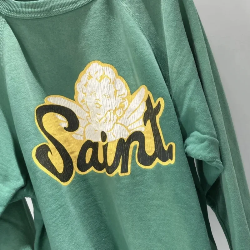 Vinatge Street Green 1:1 Quality Saint Round Neck Pullover Angel Crack Print Oversized Men Tops Casual Loose Women Sweatshirts