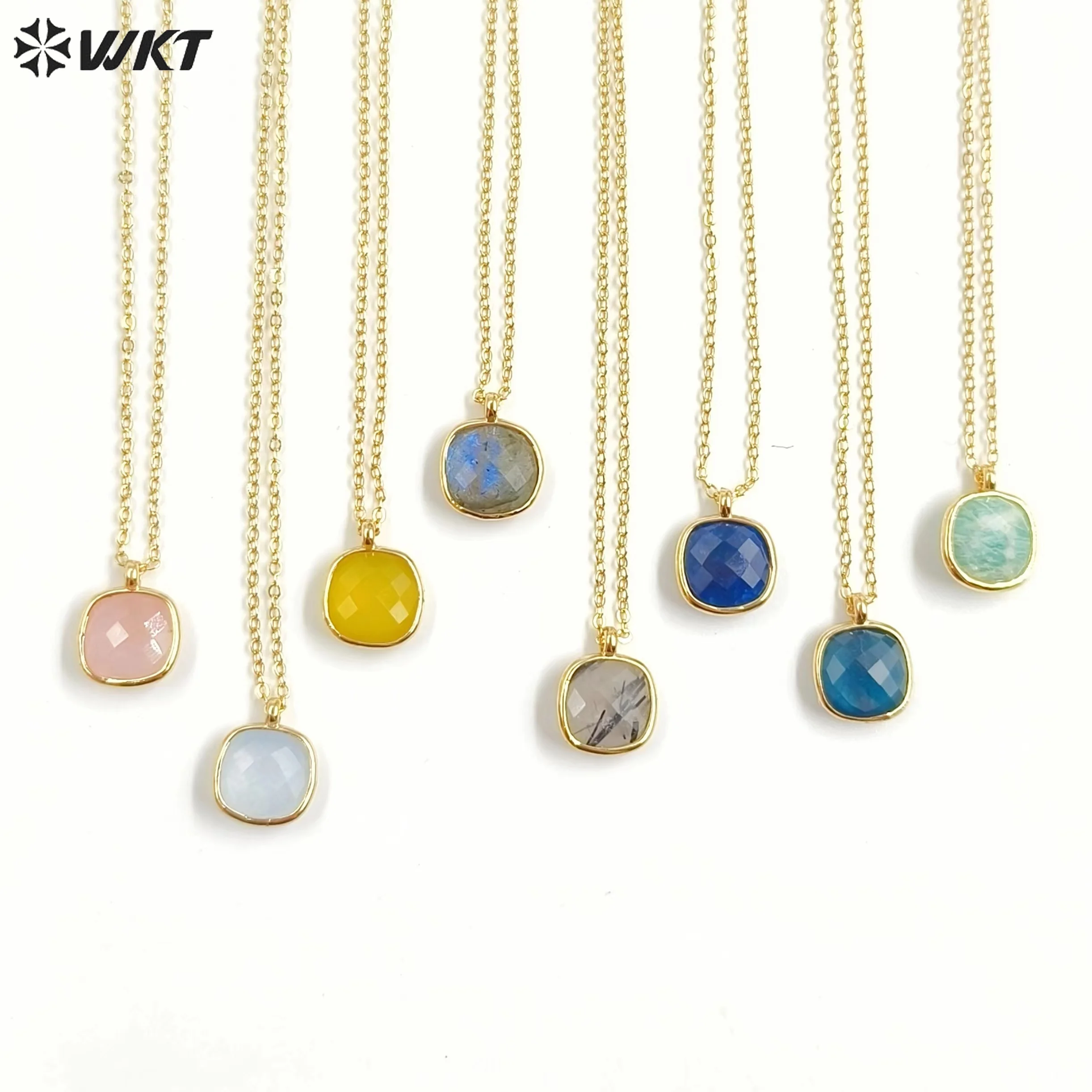 

WT-N1439 WKT Charming Hot 14mm Square Gemstone Necklace With 18 Inch Long Real Gold Plated Chain Labradorite Necklace