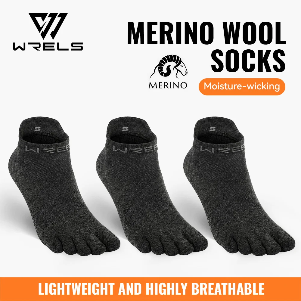 WRELS 1/2/3 Pairs Merino Wool Toe Socks Breathable Hiking Socks Anti Odor Sports Socks Men Warm Cushioned Anti-Blister Socks