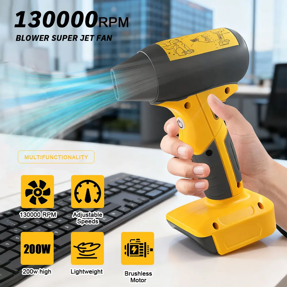 

Высокоскоростной турбо-сильный вентилятор 130000 об/мин с бесщеточным двигателем, тихий мощный инструмент для очистки, подходит для литий-ионного аккумулятора 18 В