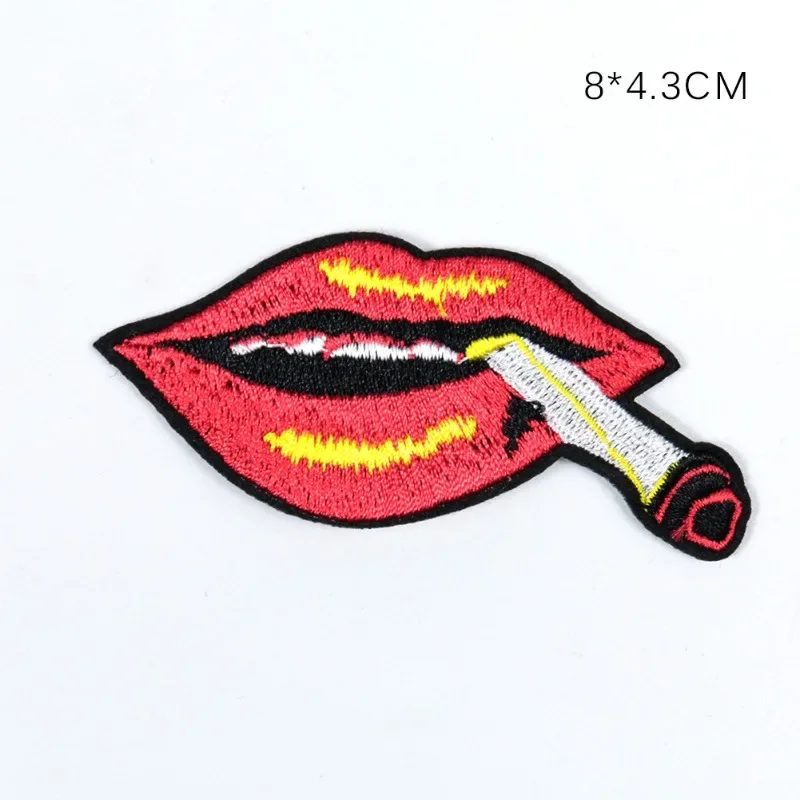 

European and American style lip embroidery sticker English smoking kiss kiss flame red lip clothing accessories adhesive backing