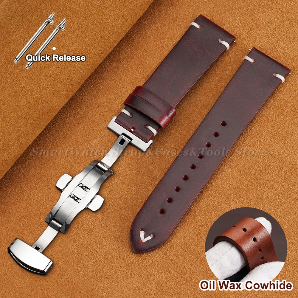 

Vintage Oil Wax Leather Watchband 18mm 20mm 22mm Universal Stitching Cowhide Strap for Omega Business Butterfly Clasp Watch Band