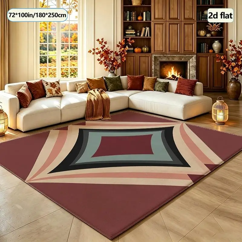 Wine Red Multi-Layer Diamond Geometric Carpet Modern Square Carpet Non-Slip Fashion Floor Mat Suitable for Living Room Bedroom Home Decor