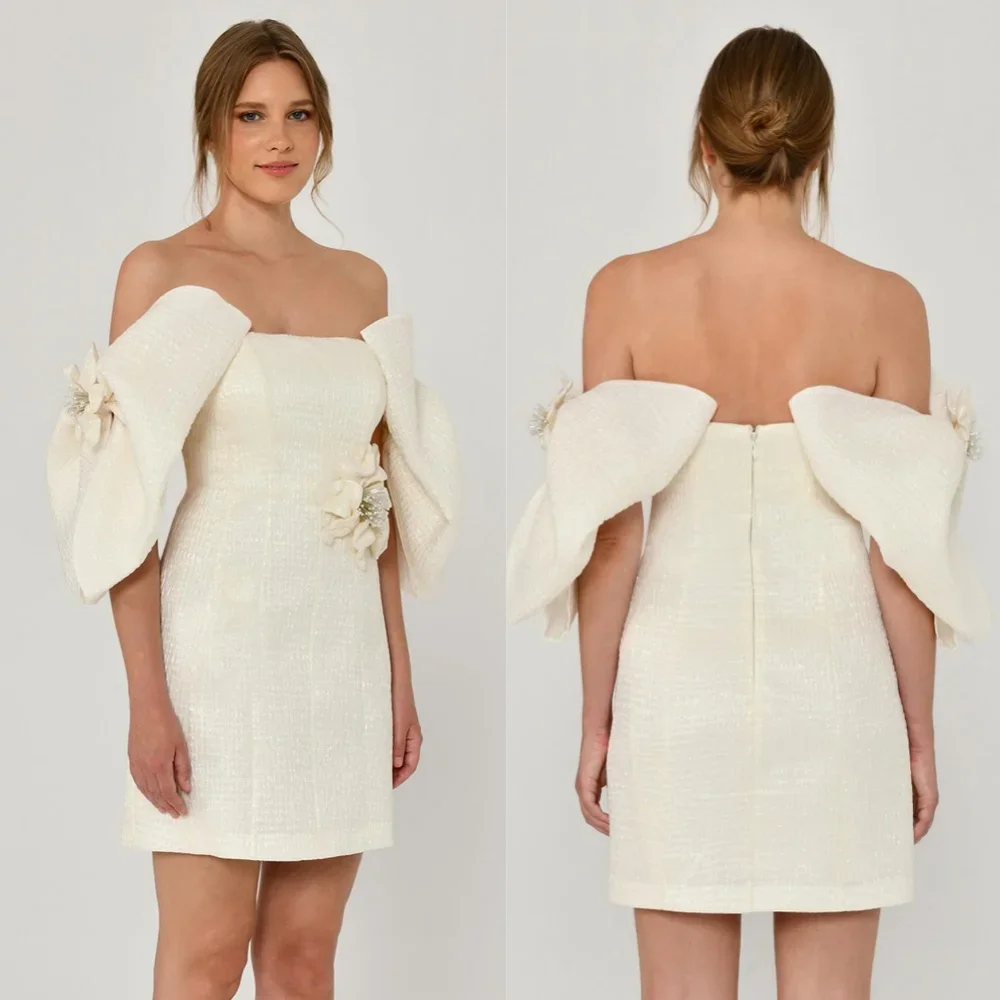 

Customized Jersey Flower Beading Ruched Homecoming A-line Off-the-shoulder Bespoke Occasion Gown Mini Dresses