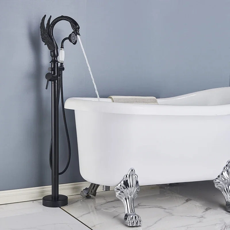 Black Bathroom Bathtub Faucet Floor-standing Hot and Cold Mixer Taps Special Swan-shaped Water Outlet  Floor 