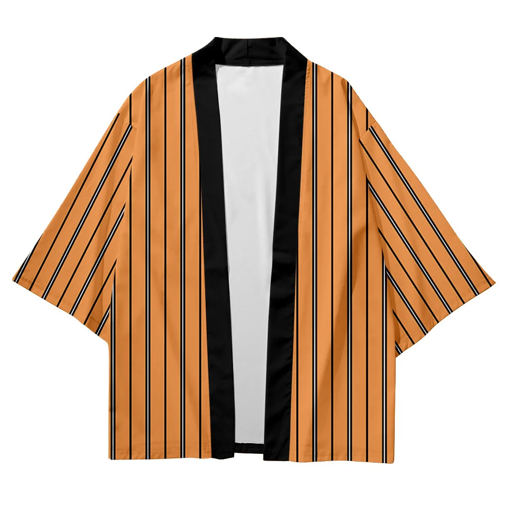كيمونو الشارع الشهير الرجال النساء سترة Haori يوكاتا بلايز رداء الملابس حجم كبير أصفر أزرق برتقالي شريط الشاطئ النمط الياباني #5