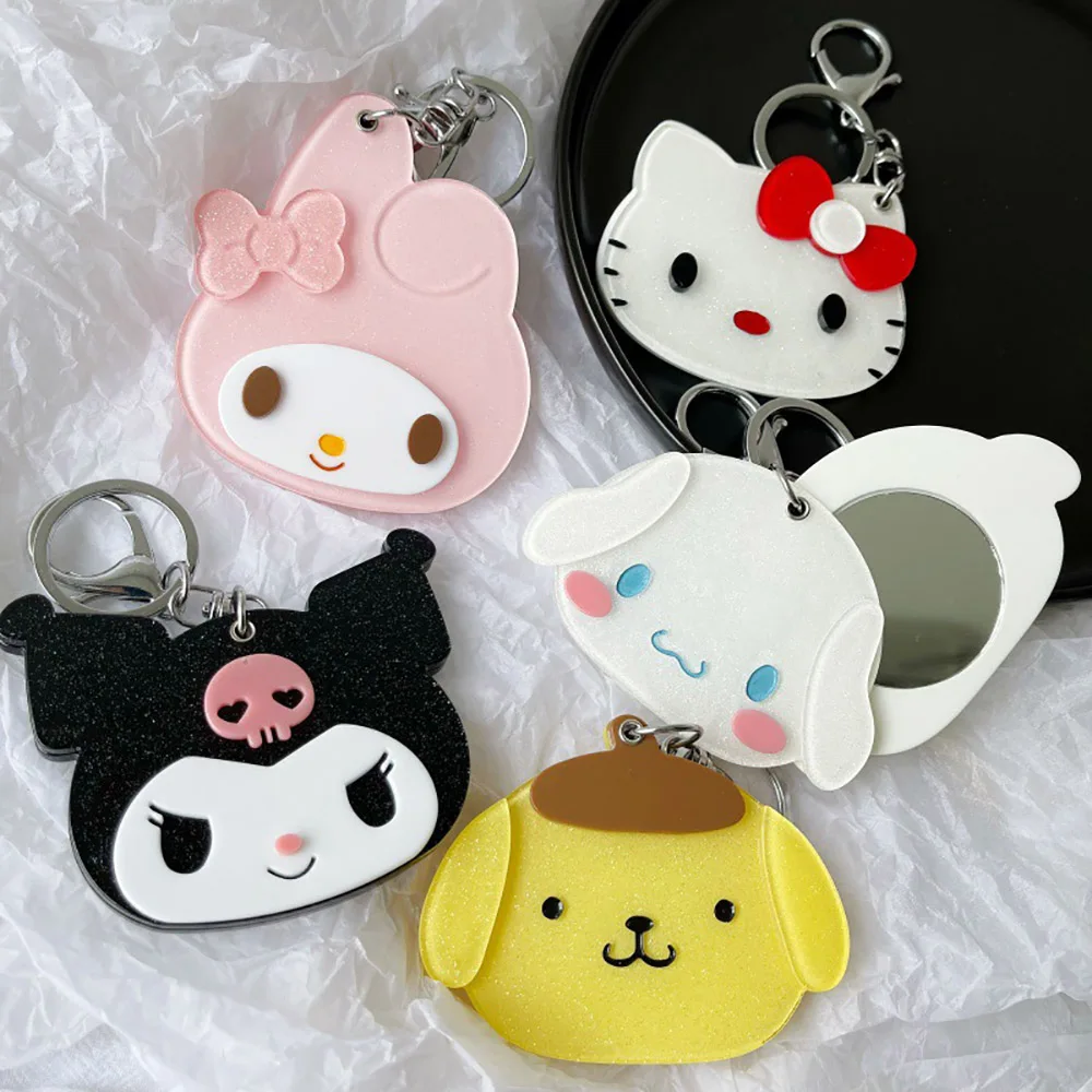 

Sanrio Hellokitty Kuromi Cinnamorol Mymelody Purin Makeup Mirror Kawaii Anime Sliding Cover Keychain Mirror Cartoon Beauty Tools