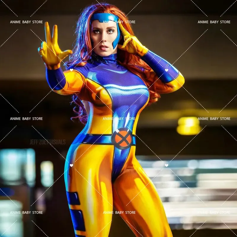 l2025l Halloween X-Men Jean Grey Costume for Women Jean Grey Dark Phoenix Cosplay Bodysuit Superhero Zentai Party Bodysuit Hallo