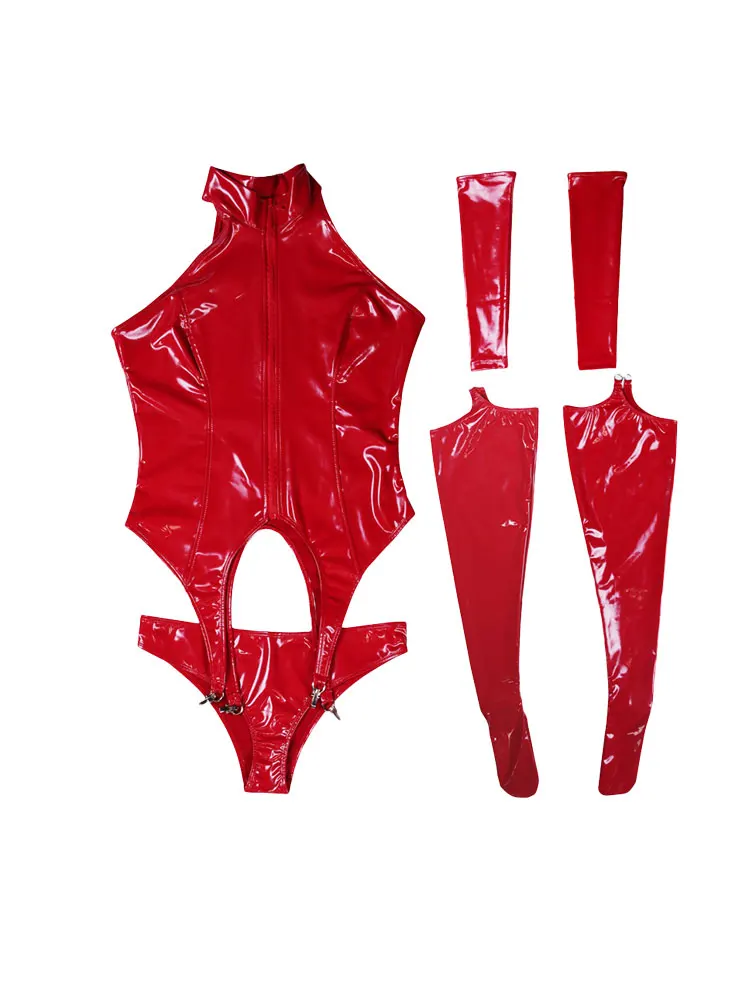 Sexy Women Cosplay Maid High Cut Bodysuit Hollow Out Role Play Sets PVC Latex Shiny Sexy Tights Bandage Leotard PU Uniform