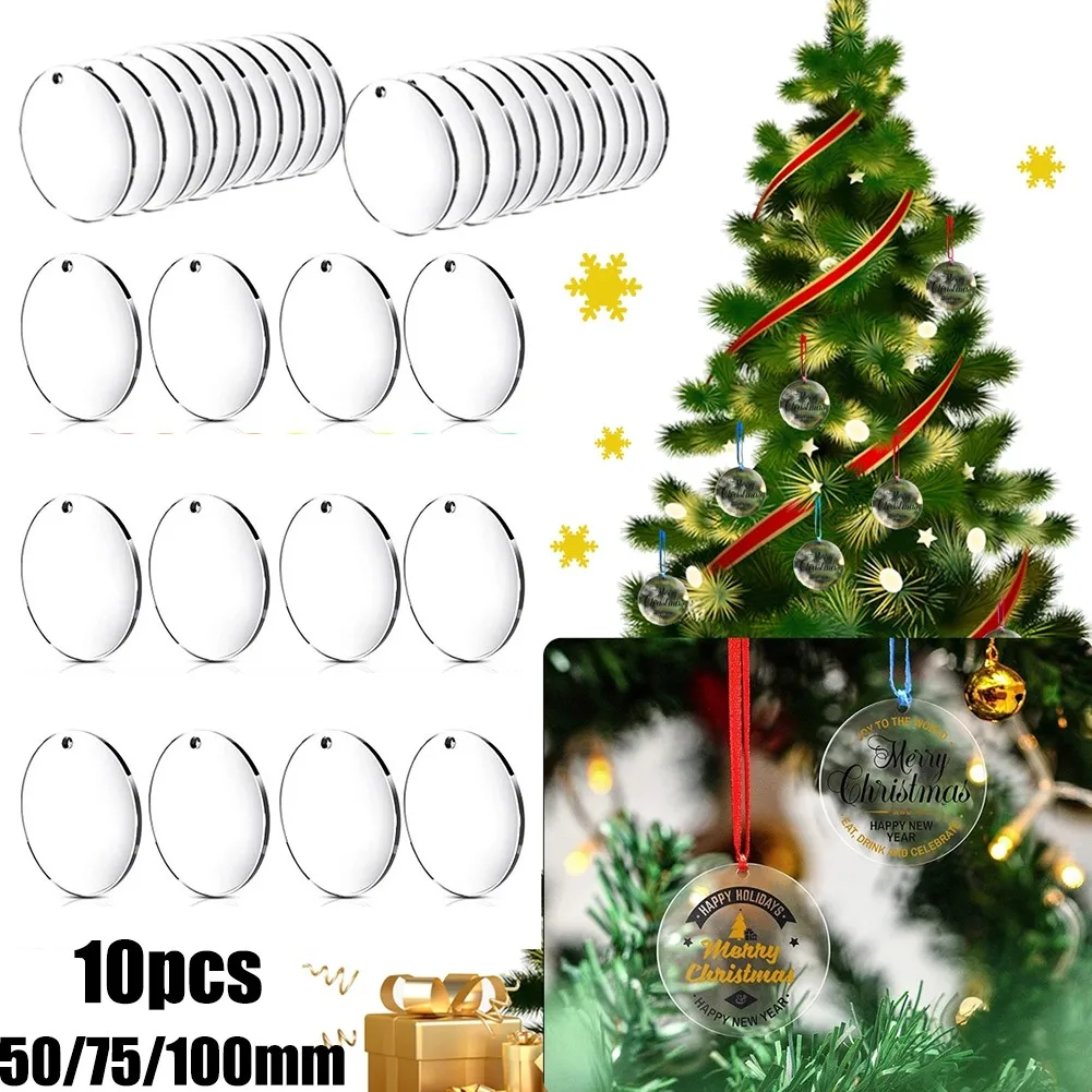 10pcssss 5-10cm discos circulares acrílicos fundidos transparentes placa redonda artesanato em branco bauble acrílico transparente árvore de natal pingente diy