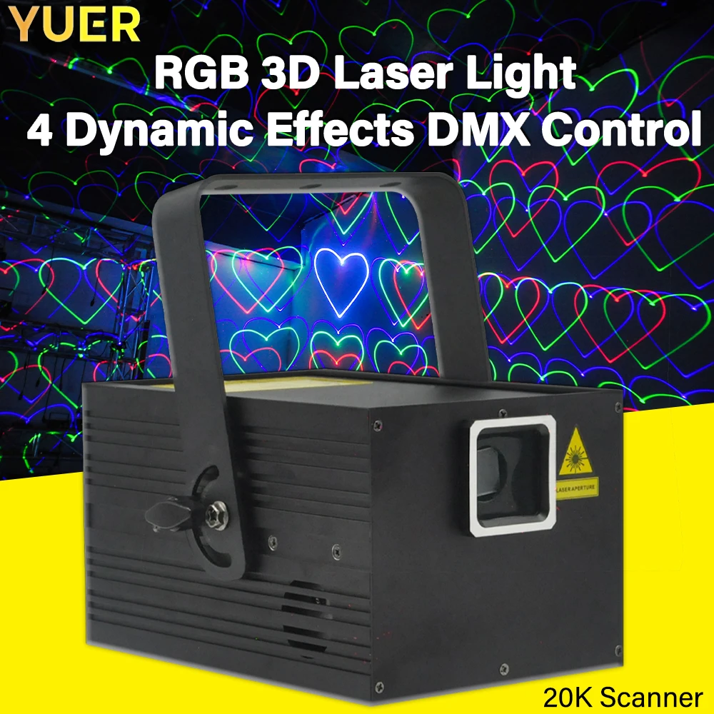 YUER 2W Full-Color 3D Laser Light RGB Animation 4 Effects DMX Control 20K Scanner Ideal for Clubs Bars Nightclubs Events