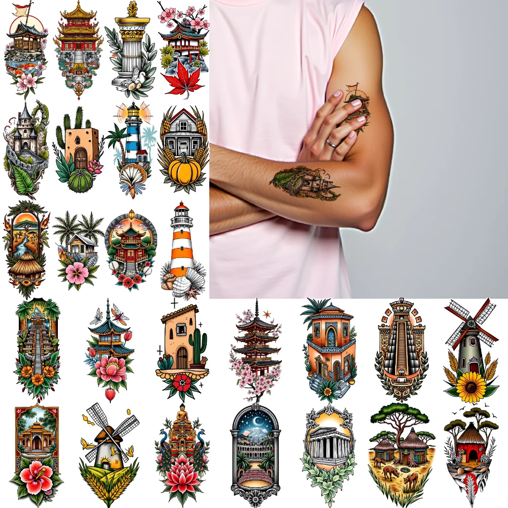 9 pièces femmes tatouage temporaire imperméable durable Temple corps autocollant colonne château hommes tatouage autocollant Cosplay fête autocollants accessoire