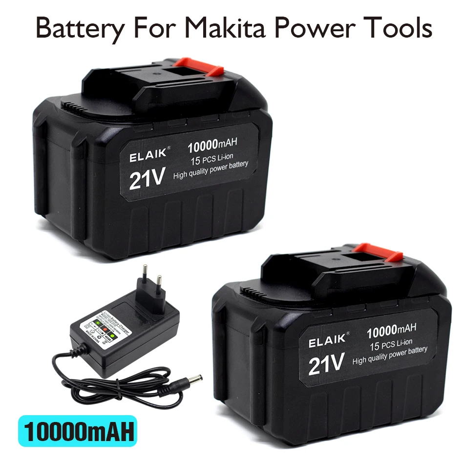 2PCS ELAIK 21V Rechargeable Battery 10000mAh Lithium Ion Battery For Makita Electric Power Tool Battery EU Plug