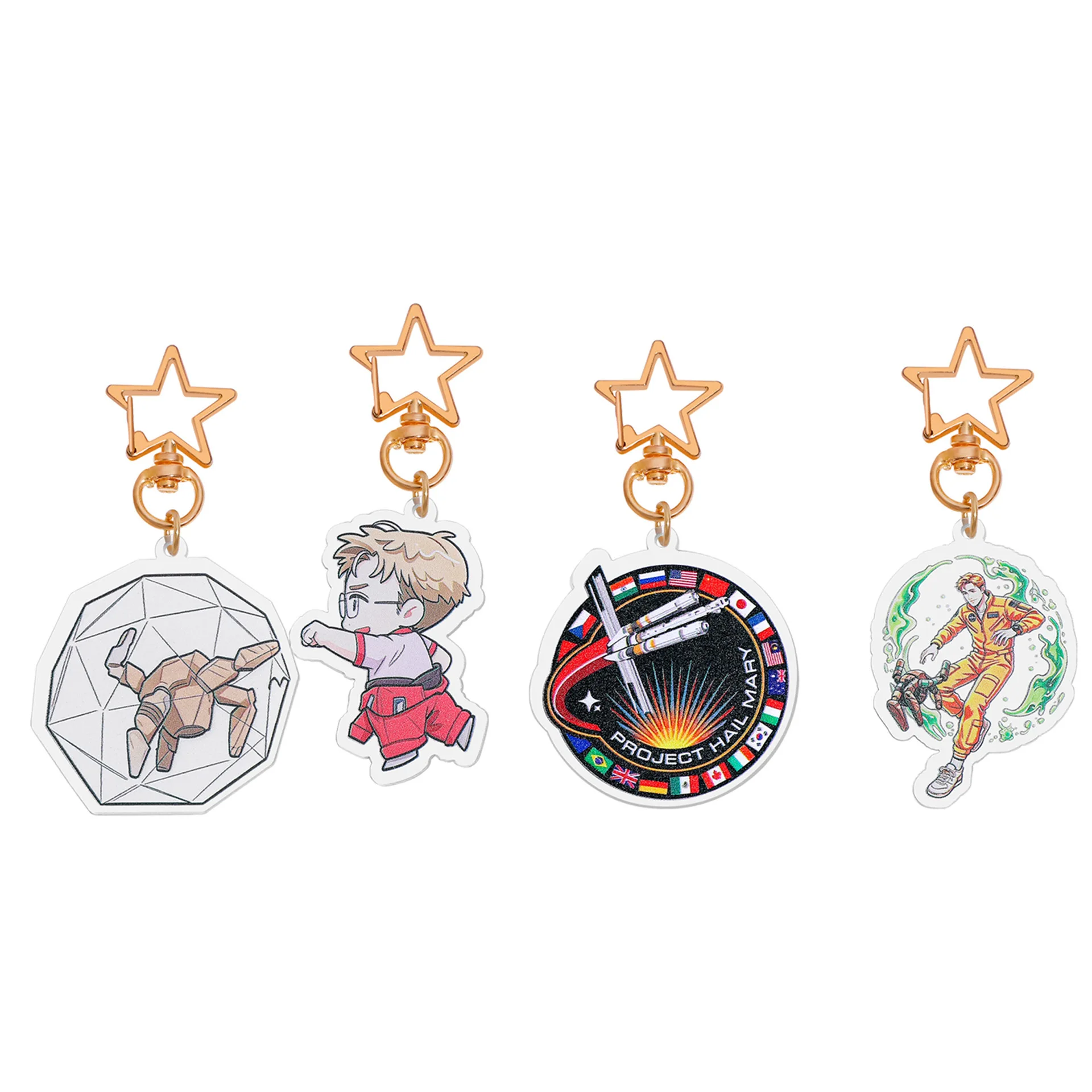 Acrylic keychain, Ryland Grace Loki character charm with star-shaped clasp, sci-fi book merchandise fan gift