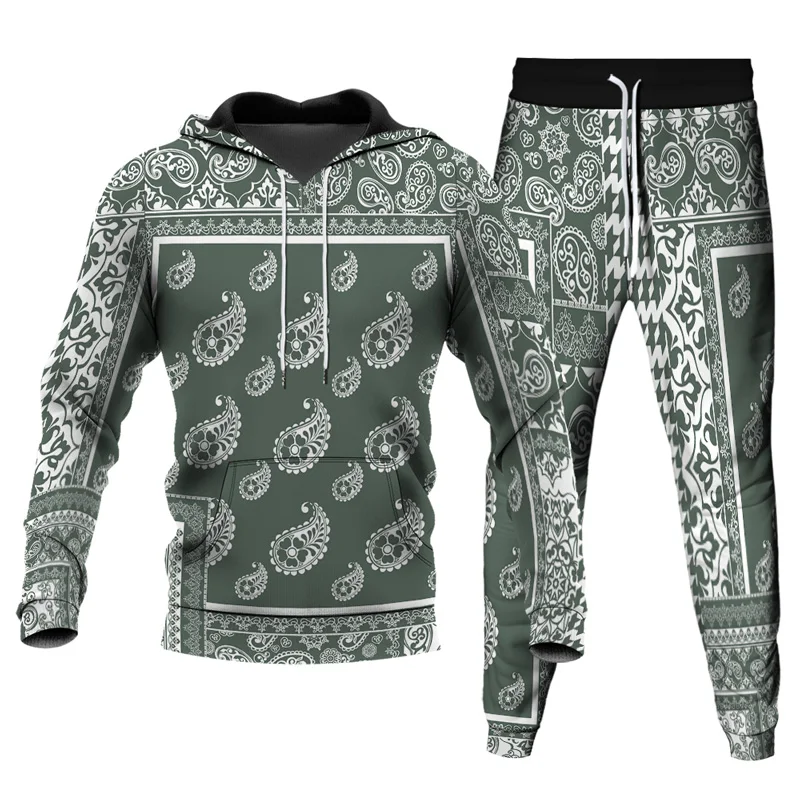 

Men's Vintage Paisley Graphic Hoodie Pant 2Pcs Set Women Fashion Cashew Flower Print Sweatshirts Trousers Suit Couple Tracksuit