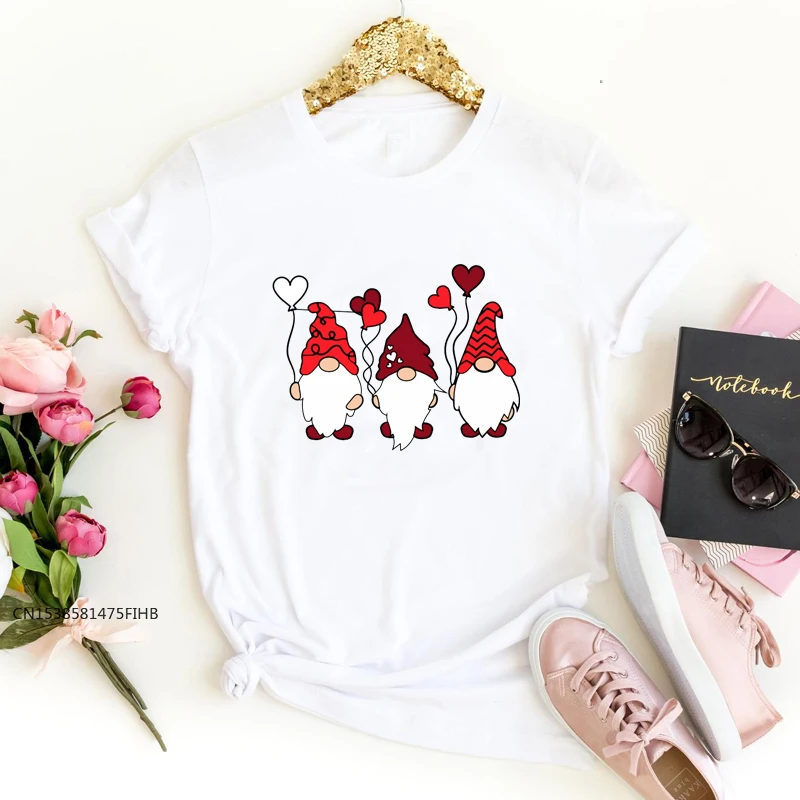 

Three Gnomes Holding Heart Balloon T-Shirt Cute Valentine Graphic Tee Top Funny Women Valentine's Day Gift Tshirt Premium