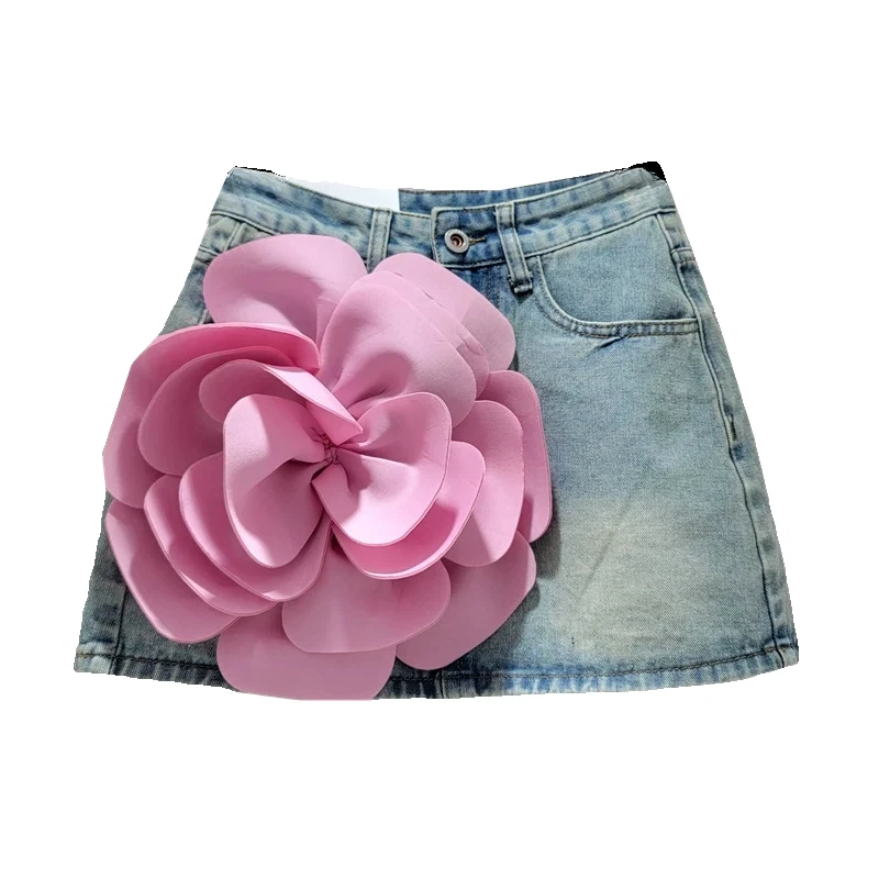 Large Flower High Waist Denim Skirt Women's 2024 New A- Line Skirt Hot Girl Short Sheath Culottes Skirts Fashion Streetwear