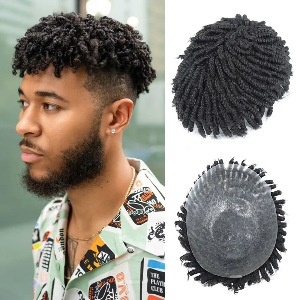 

Afro Kinky Twist Crochet Braids Toupee for Black Men Human Hair 0.08mm Full PU Skin African American Male Wig System Hairpieces