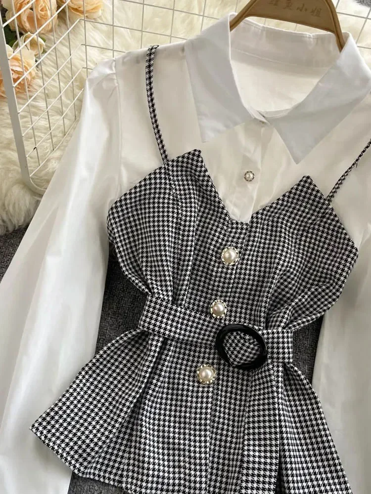 Women Korean Fashion Contrast Color Temperament Blouse Waist Waist Single-breasted Plaid Fake Two-piece Shirt Tops Female D0394