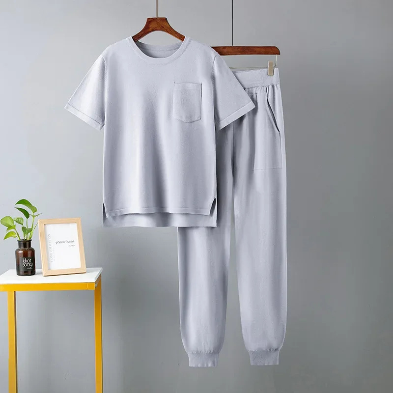 

Fashion Knitted Loose Two Pieces Sets Women Casual Knit T Shirt Summer Ladies T-shirt + Harem Pants Suits Women Tracksuits