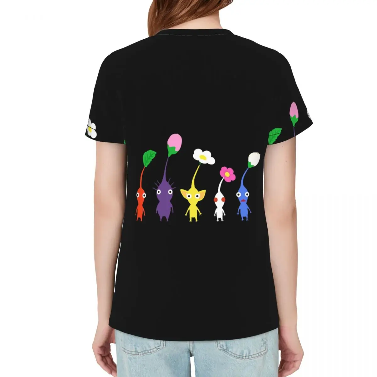 Cute Pikmin Pattern Blue T-Shirt Women Short Sleeve T Shirts O-Neck Clothes Cotton Summer Tees Streetwear