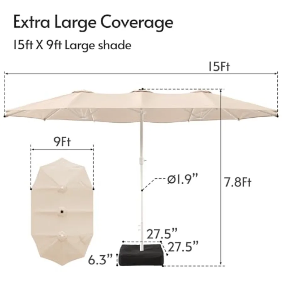 15Feet Double-Sided Patio Umbrella with Solar Lights and Base Included, Large Patio Umbrella with 48 LED Dual-Color Lights, 135