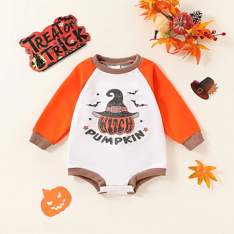 Baby Halloween Sweatshirt Romper Casual Witch Hat Pumpkin Print Toddler Long Sleeve Jumpsuit for Newborn Cute Clothes