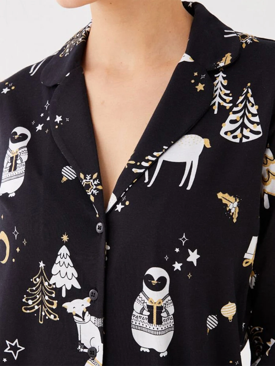 Women’s 2 Piece Christmas Pajama Set Long Sleeve Cartoon Print Button Up Shirt Pants Set Winter Sleepwear