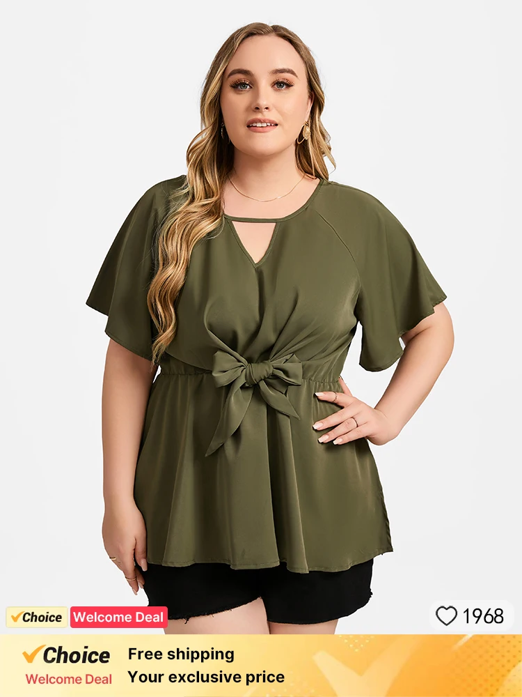 Plus Sized Clothing Summer Office Lady Shirt Tops Women Elegant Short Sleeve Work Blouse Solid Hollow Out Tie Front Waisted Tops