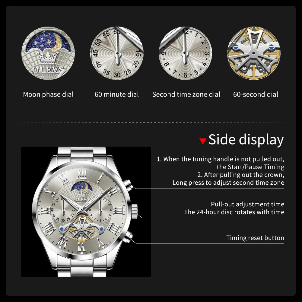 OLEVS 3640 Mens Watch Original Multifunctional Chronograph Quartz Watch Waterproof Luminous Watch For Men Moon Phase Mens Gifts