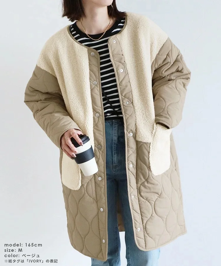 Women Coat Mid Length Lamb Wool Stitching Thickened Cotton Padded Parkas Winter Maxi Round Neck Big Pockets Thickened Jacket